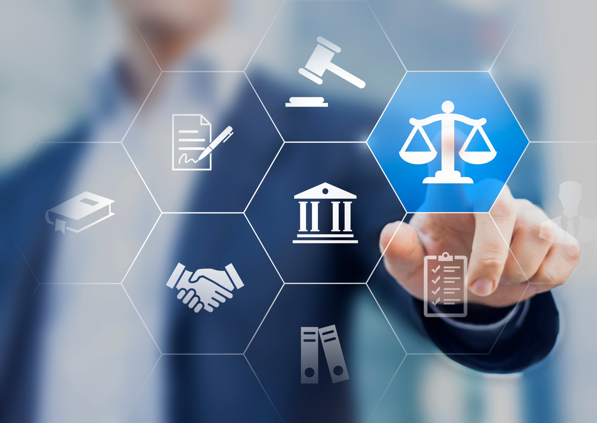 Legal advice service concept with lawyer working for justice, law, business legislation, and paperwork expert consulting, icons with person in background